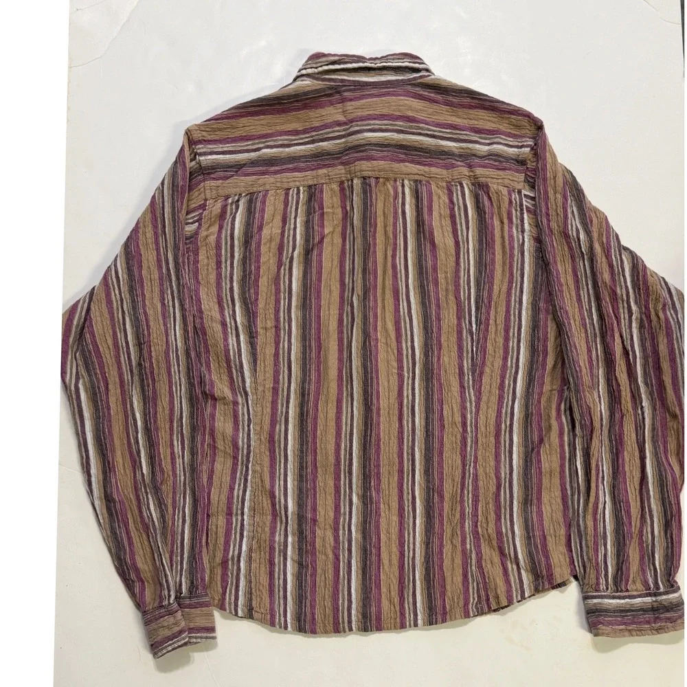 Columbia Womens XL AL7211 Striped Long Sleev Button Down Shirt Purple Tan Cotton